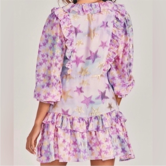 Loveshackfancy-NWT Purple Metallic Star FindlayLongsleeve Ruffle Wrap Mini Dress - Picture 5 of 11